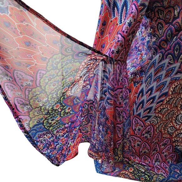 Bohemian Style Bell Sleeve Tunic Dress With Multicolor Peacock Feather Print - Picture 7 of 16